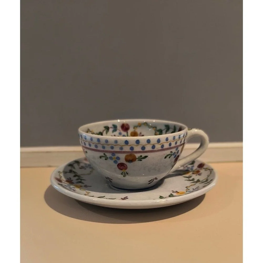 Vintage Hand Painted Portuguese Ceramic Tea‎ Cup and Saucer Floral Blue Yellow